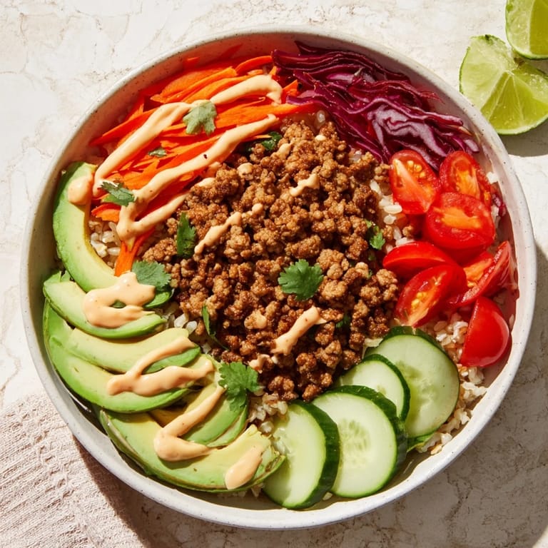 Wholesome plant-based meat bowl with avocado, quinoa, and bright lime wedges garnish.