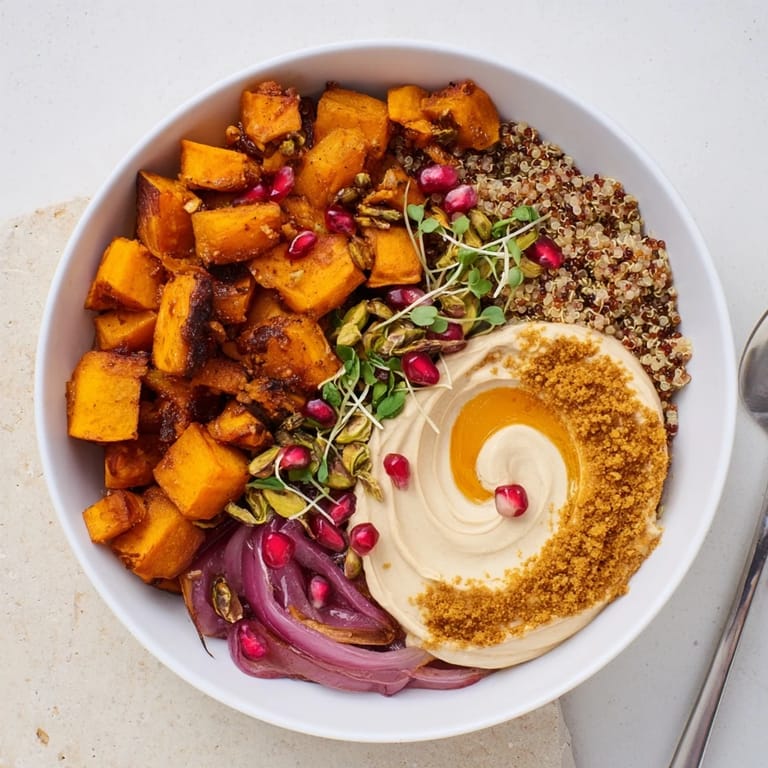 Nutrient-rich spiced winter bowls topped with crunchy pistachio-maple crumble and fresh greens.  