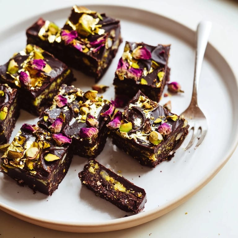 Luxurious chocolate dessert bars topped with rose petals and sweet coconut flakes.
