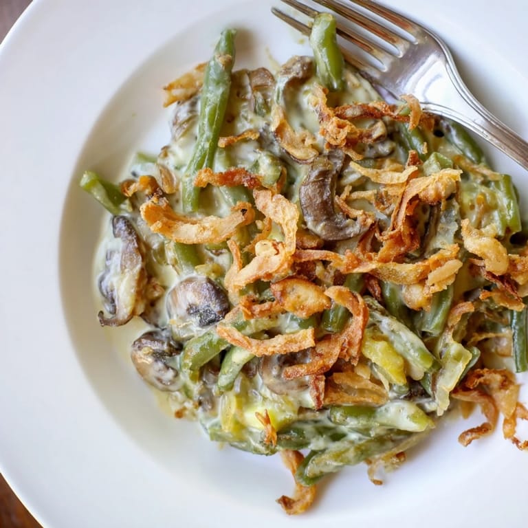 Nostalgic Old-School Green Bean Casserole served warm, perfect for holiday dinners.  