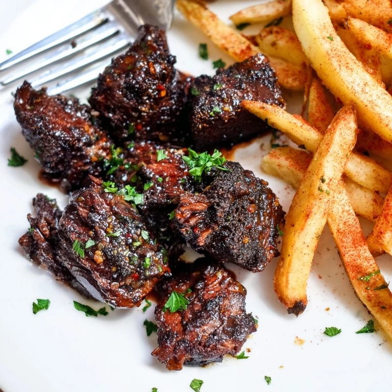 Juicy Blackened Cajun steak bites garnished with parsley, alongside golden, crispy fries.