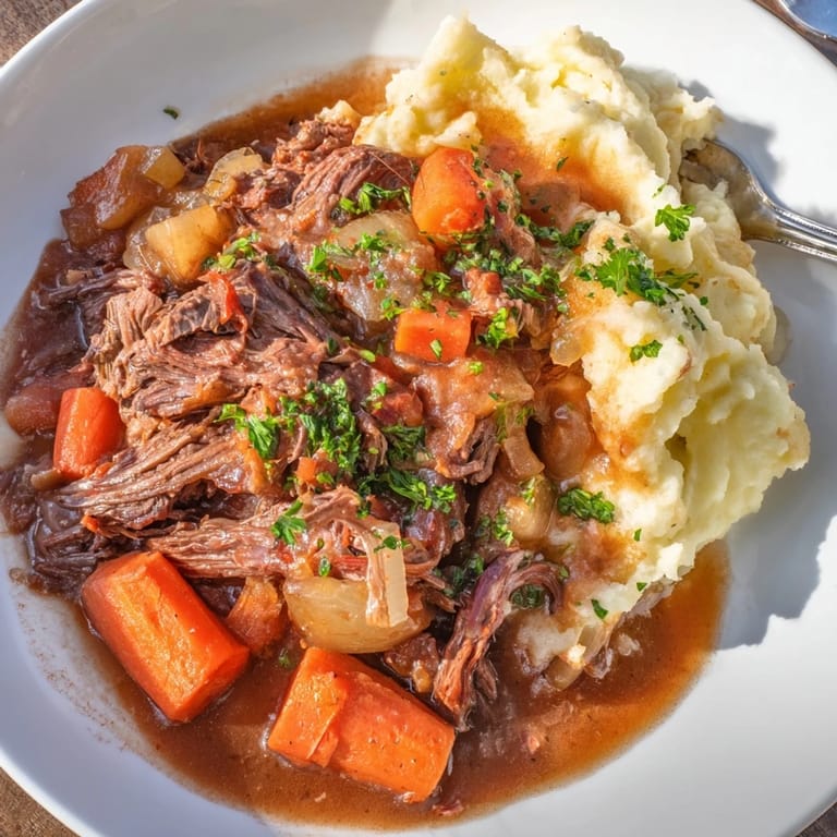 Tender beef slow-cooked in a savory sauce, paired with creamy mashed potatoes.  