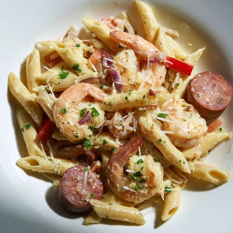 Delicious Cajun Sausage & Shrimp Alfredo Pasta Skillet served in a rustic bowl.  