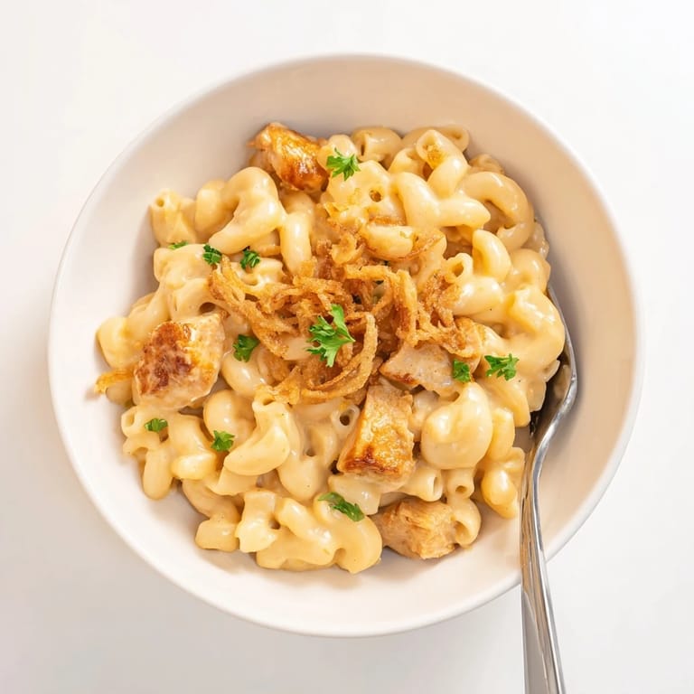 Delicious One-Pot Honey BBQ Chicken Mac and Cheese, oozing with melted cheese goodness.  