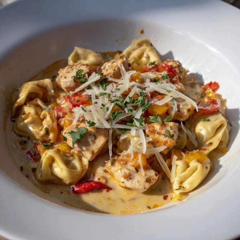 Freshly plated Zesty Cajun Garlic Parmesan Chicken Tortellini, garnished with parsley and ready to eat this easy dinner.
