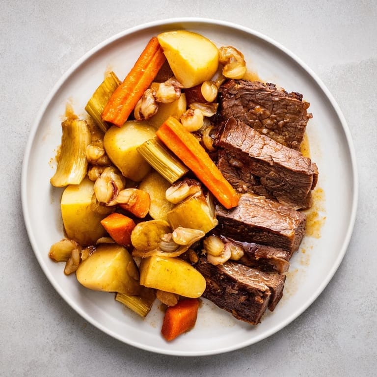 Steaming plate of Sunday Pot Roast, showcasing juicy beef, vibrant carrots, and savory pan juices.