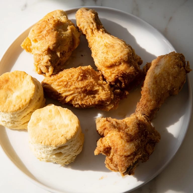 Duo of Southern Fried Chicken pieces alongside freshly baked buttermilk biscuits, ready to be devoured.