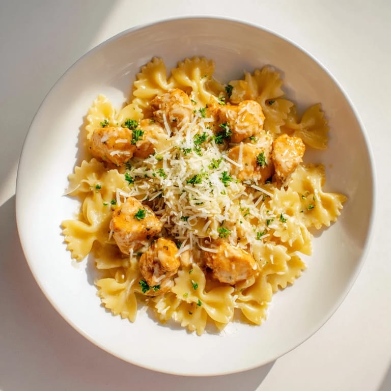 Golden-brown chicken and mozzarella cheese melting atop garlic butter chicken bowtie, ready to eat.