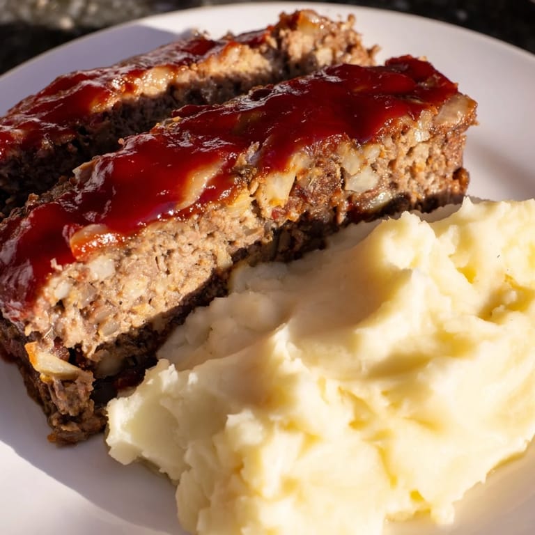 Juicy Classic Meatloaf glistens from the glaze beside a pile of creamy, whipped mashed potatoes.