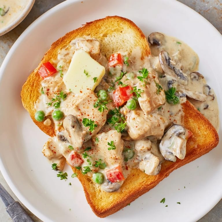 Warm and comforting Chicken à la King, with visible vegetables, perfect for a cozy weeknight supper.