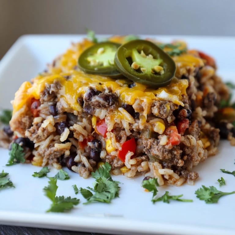 Close-up of a warm, inviting Tex-Mex Beef & Rice Casserole, perfect for a family dinner.