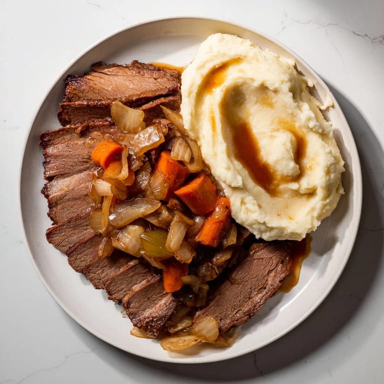 A close-up view of slow-cooked brisket, showing the juicy meat served with sweet potatoes.