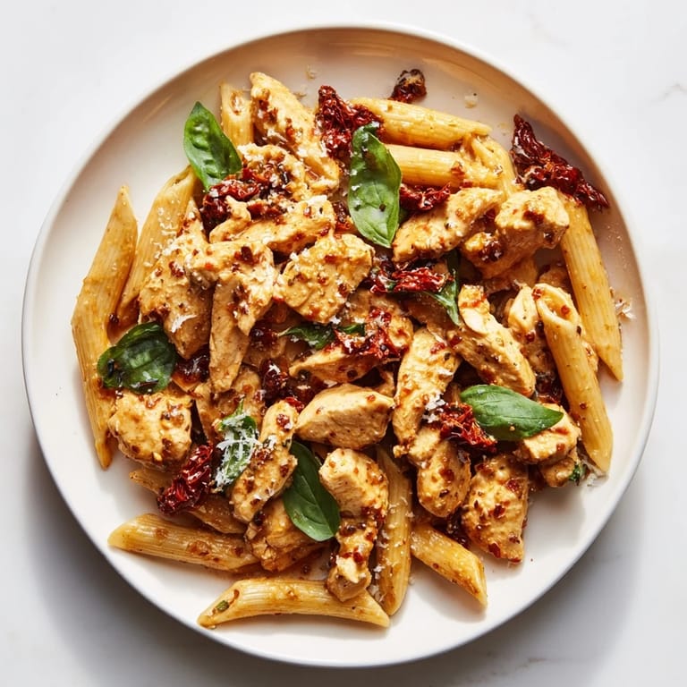 Imagine the aroma: steaming Creamy Tomato Basil Chicken Pasta, garnished with fresh basil and Parmesan cheese ready to enjoy.