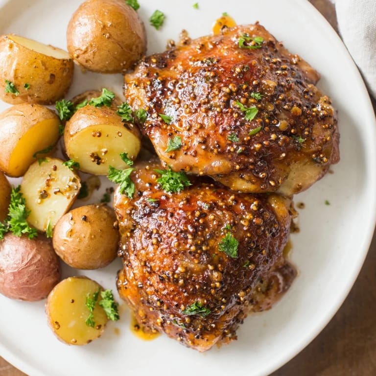 Crispy roasted potatoes alongside juicy Honey Mustard Chicken, drenched in a savory, delightful glaze.