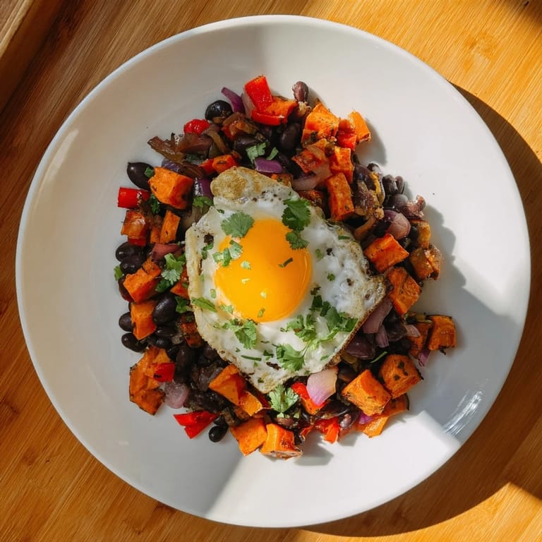 Enjoy a plated view of delicious Sweet Potato & Black Bean Breakfast Hash, with fresh cilantro garnish and perfect eggs.