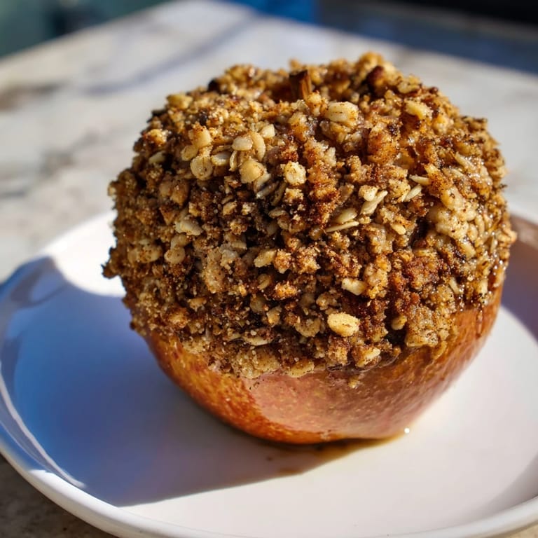 Close-up of baked apples in a baking dish, filled with a delicious, crunchy oat-nut crumble topping.