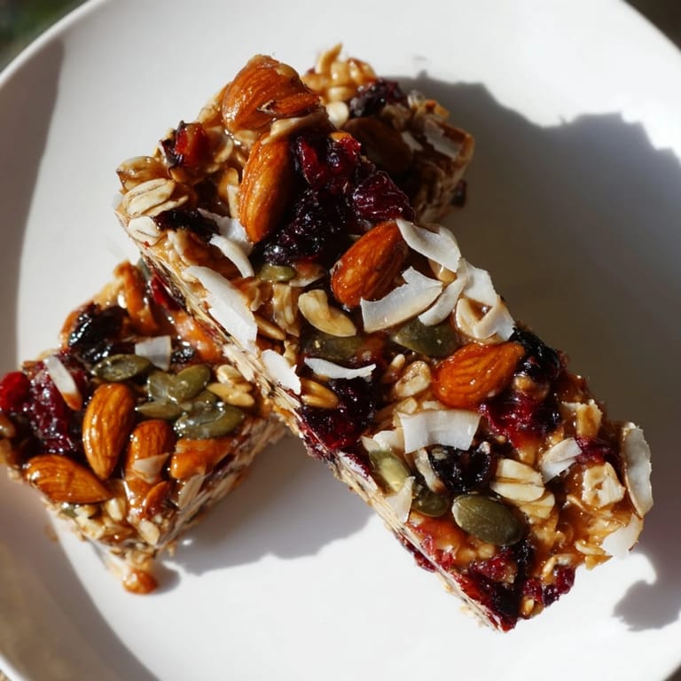 Perfectly portioned Roasted Pumpkin Seed & Cranberry Granola Bars, ready to enjoy as a breakfast treat.