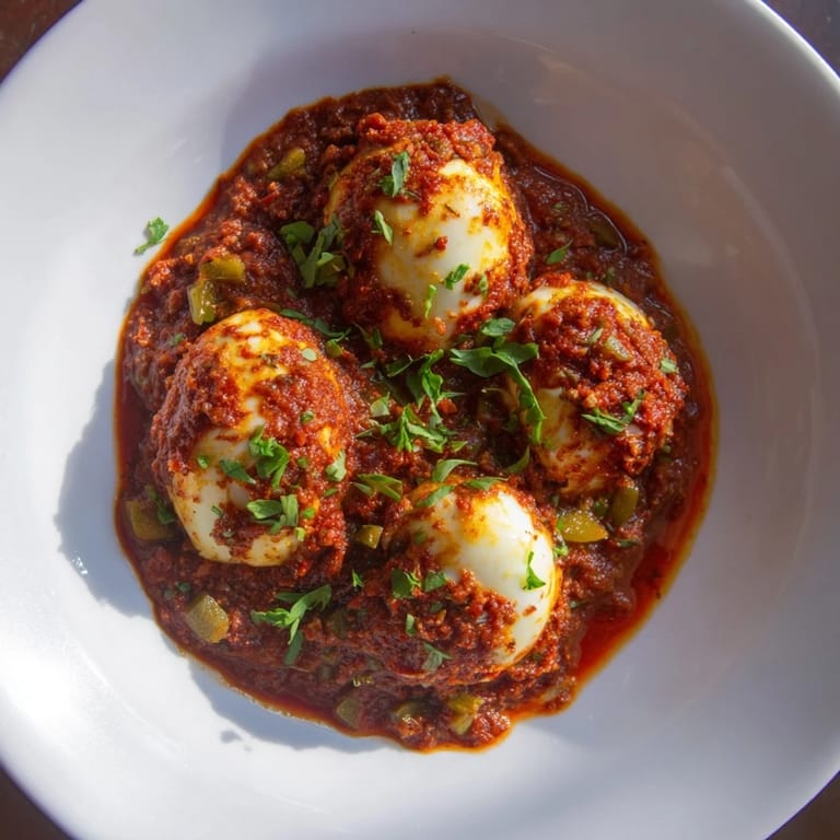 Get ready for a flavorful bite; this Shakshuka features perfectly cooked eggs in a rich, spiced tomato base.