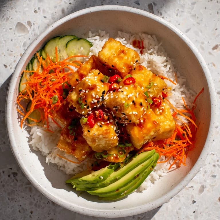 A close-up of delicious chili-mayo baked tofu bowls, showcasing the textures and tempting fresh ingredients.