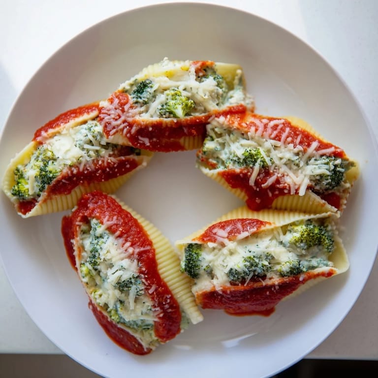 Close-up of freshly baked Cozy Broccoli Stuffed Manicotti, showing the creamy, cheesy broccoli filling.
