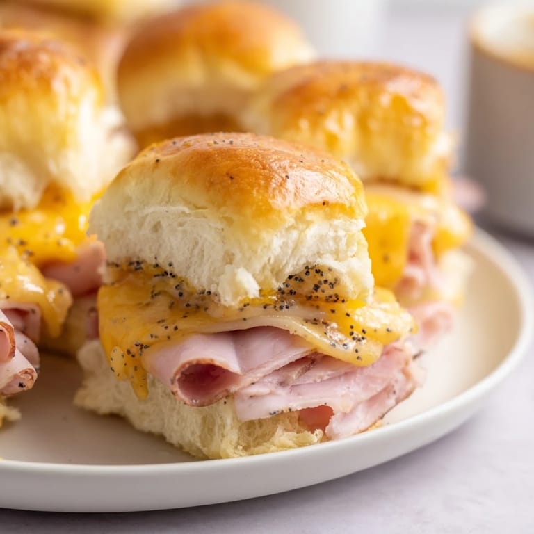 Melted Swiss cheese and ham peek from the crispy tops of these Baked Ham and Cheese Party Sliders.