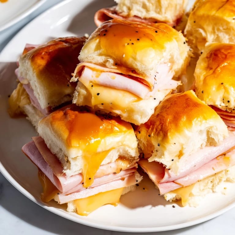 A close-up of delicious Baked Ham and Cheese Party Sliders; a perfect appetizer or easy meal.