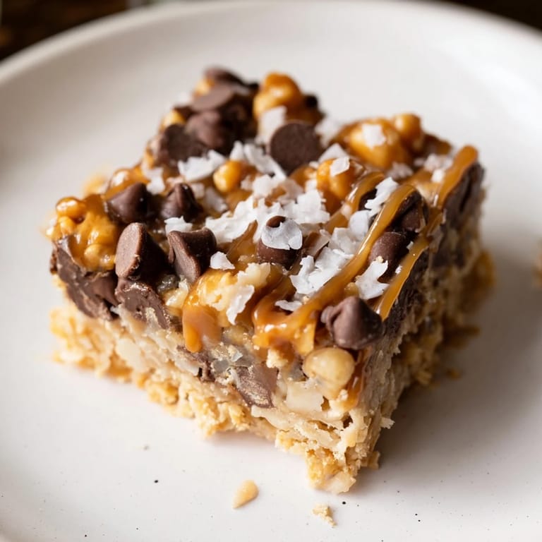A square of rich 7-Layer Magic Bars showing layers of chocolate, coconut, and nuts, perfect for dessert.