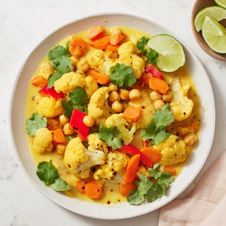 A close-up of a flavorful, budget-friendly serving of curried cauliflower and chickpea coconut stew.