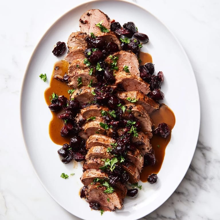 Close-up photo of a beautifully browned tart cherry date glazed pork tenderloin being served.