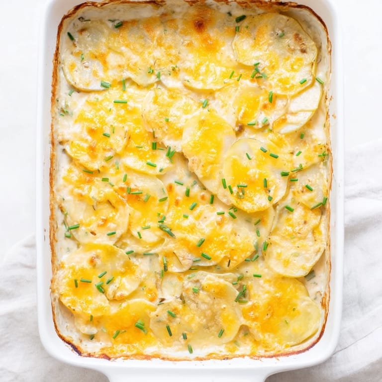 Warm, rich cheesy scalloped potatoes baked until perfection with melted cheese topping.
