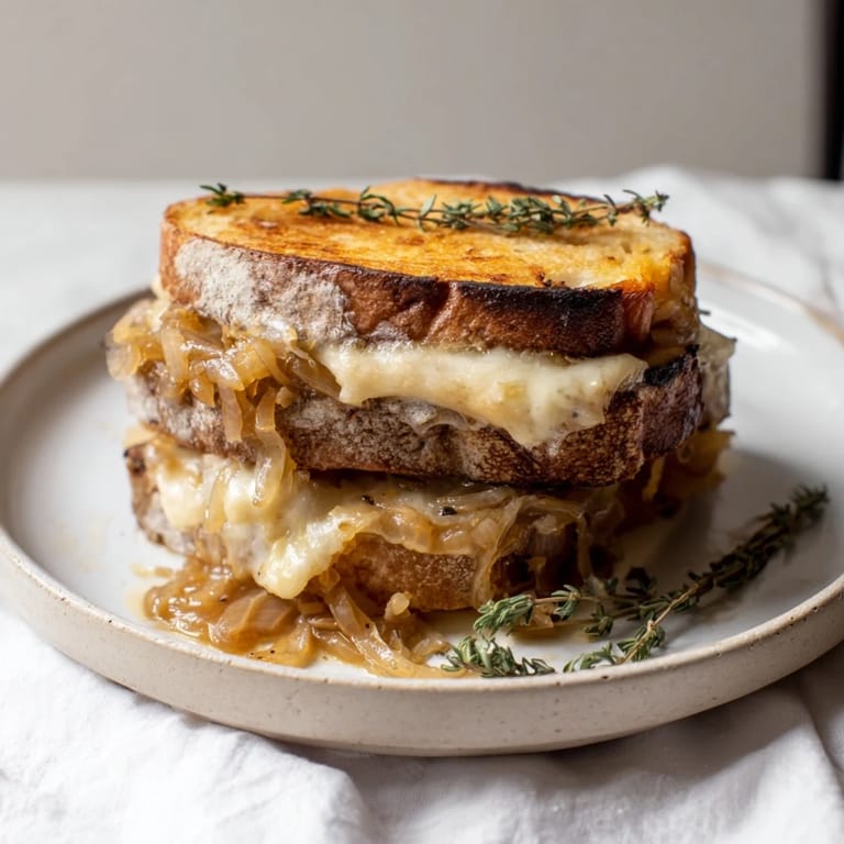 Perfectly grilled French Onion Grilled Cheese sandwich, served hot, showcasing its cheesy, caramelized goodness.