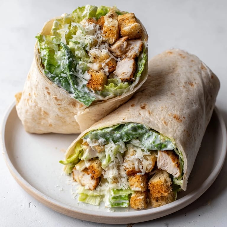 Freshly made Chicken Caesar Wraps are presented, overflowing with chopped chicken and romaine lettuce.