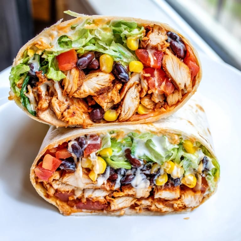 Close-up of a Southwest Chicken Wrap, sliced open, revealing juicy chicken and vibrant fillings.