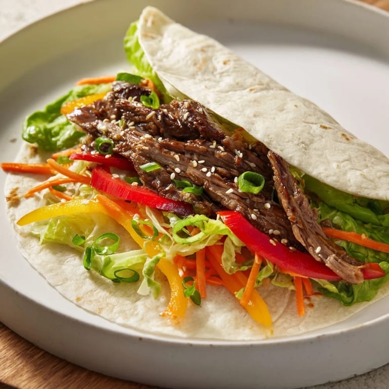 Close-up shot shows a perfectly rolled teriyaki chicken wrap, overflowing with flavorful ingredients.