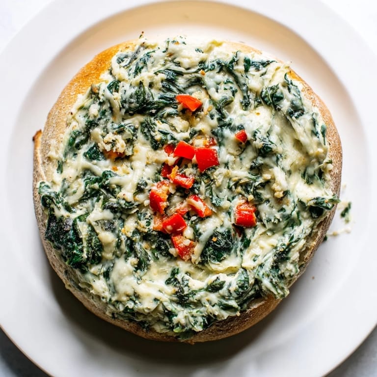Delicious and cheesy Express Holiday Spinach Dip, served in a rustic bread bowl, perfect for sharing at holidays.