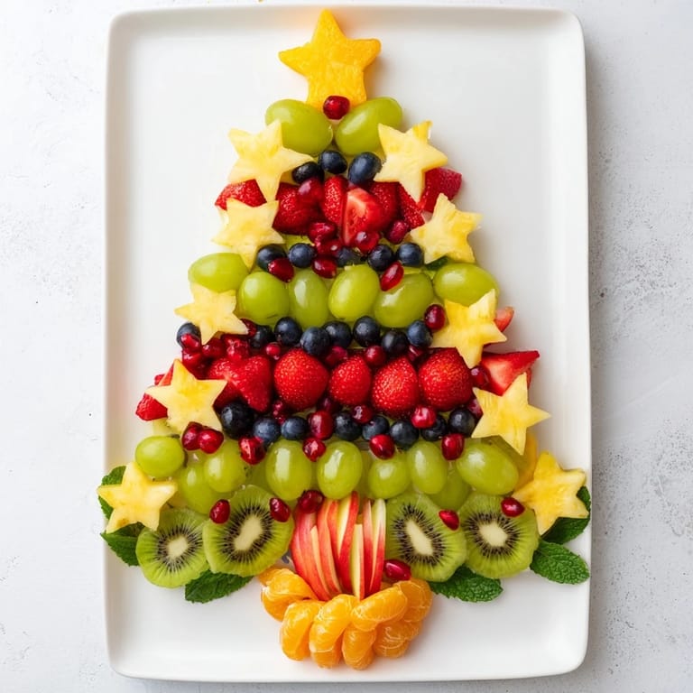 Showstopping Quick Christmas Tree Fruit Platter features colorful fruit arranged into a cheerful and delicious display for any party.