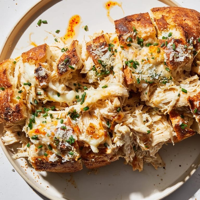 Savory Cheesy Leftover Chicken Bake Pull-Apart Bread: a warm, delicious dish with aromatic herbs, ready to be pulled apart.
