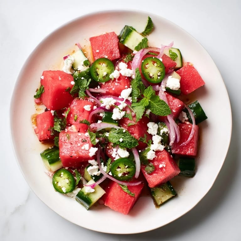 This beautiful Cucumber and Watermelon Hot Girl Salad features juicy watermelon chunks and a zesty chili-lime dressing.