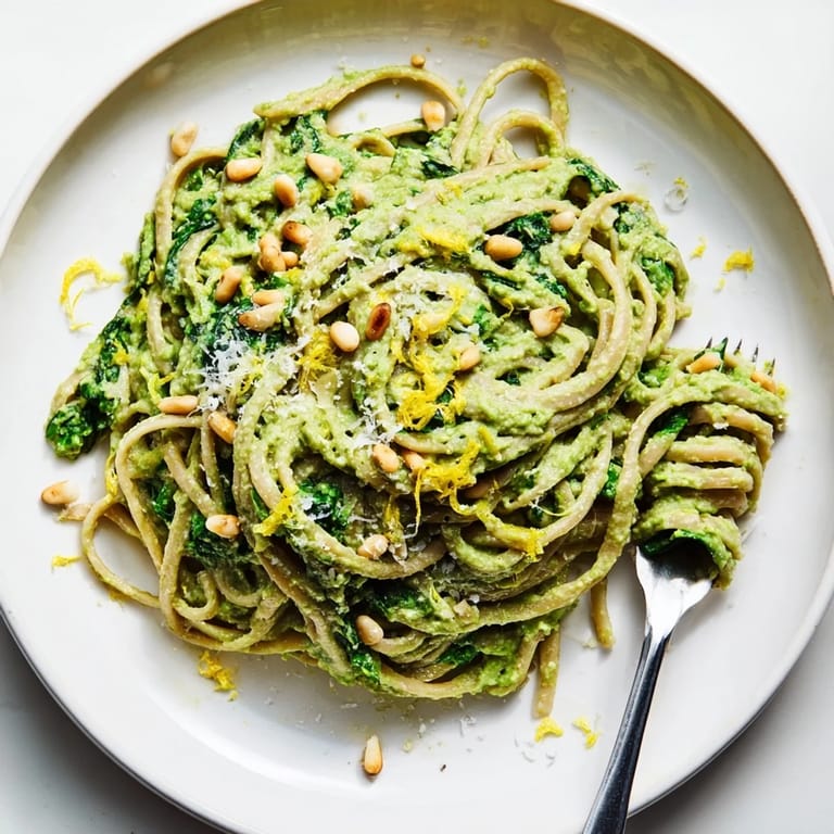 Fresh, homemade Green Pea & Spinach Pasta with a bright green sauce, garnished with lemon zest.