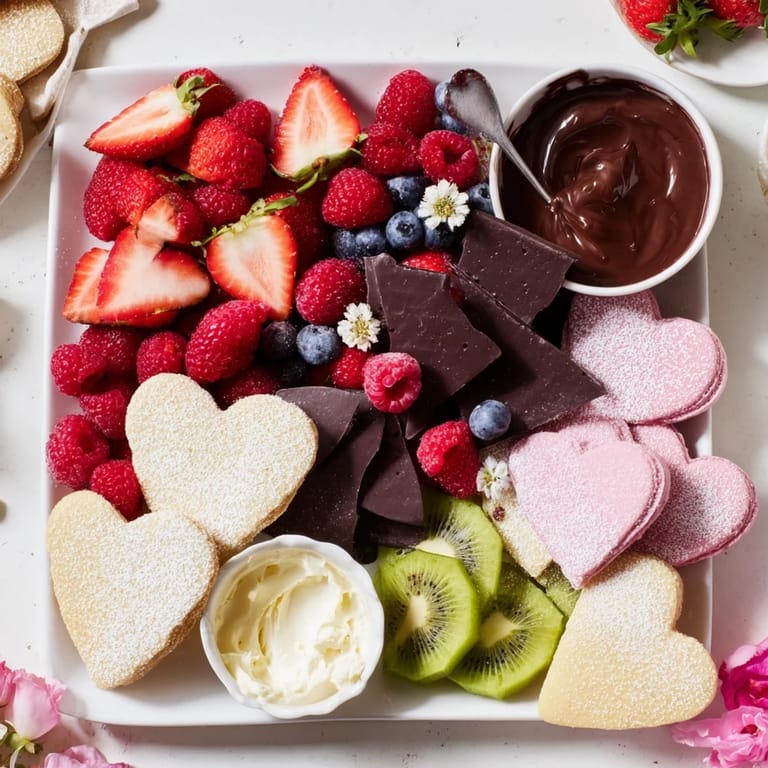 This Love Letter Dessert Board boasts a gorgeous array of sweets, including heart-shaped cookies and colorful berries.