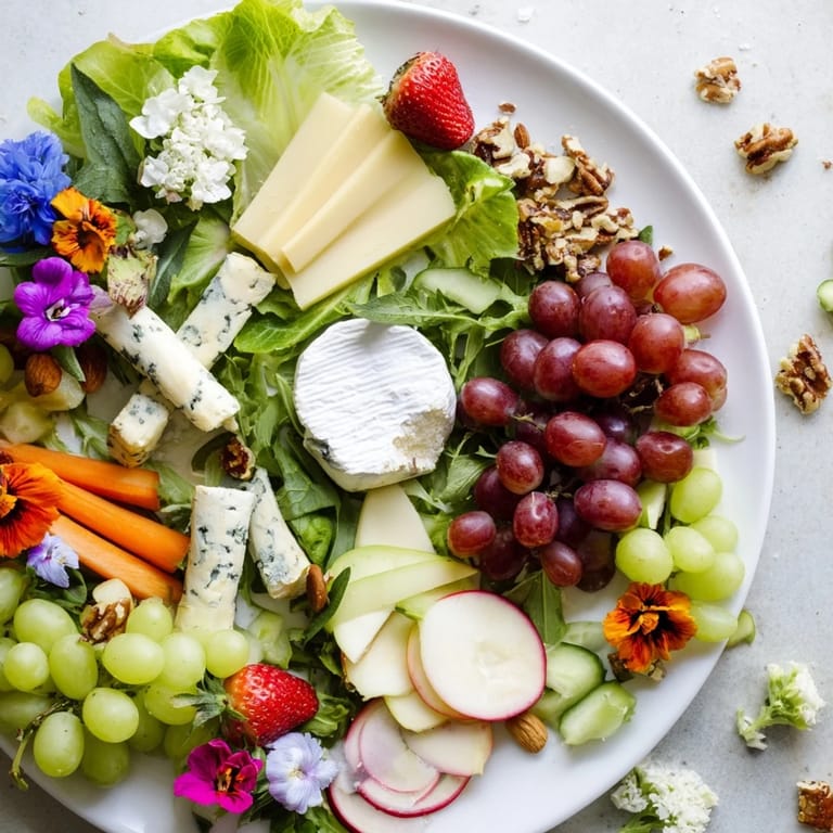 This vibrant Enchanted Forest Grazing Board features creamy brie and cheddar, perfect for a magical gathering.