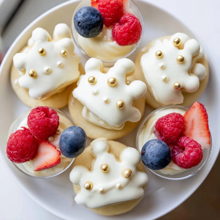 A close-up of a Princess Crown Dessert Tray: crown cookies shimmer next to creamy white mousse and fresh jewels.