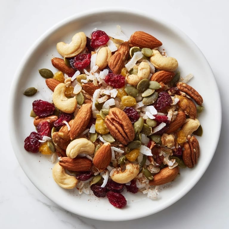 A vibrant close-up of the flavorful, homemade Nutty Nosh Squirrel Snack Mix with nuts and dried fruit.