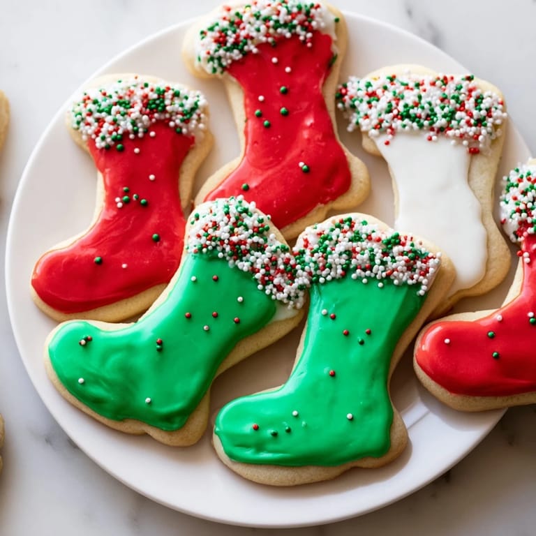 Festive Christmas boot-shaped delights, beautifully decorated cookies with colorful icing and sprinkles, delicious!