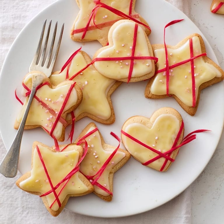 Freshly baked Mignonneries Coeurs et Étoiles Rubans, buttery French cookies ready for a tea party, so cute.