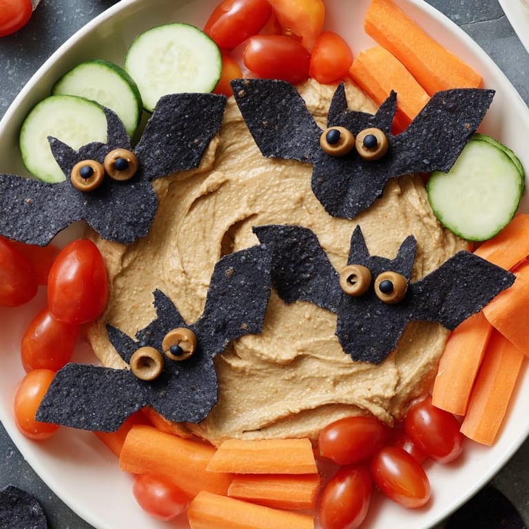 Festive Spooky Bat Bean Dip Platter decorated with black olive eyes, offering a delicious snacking experience.