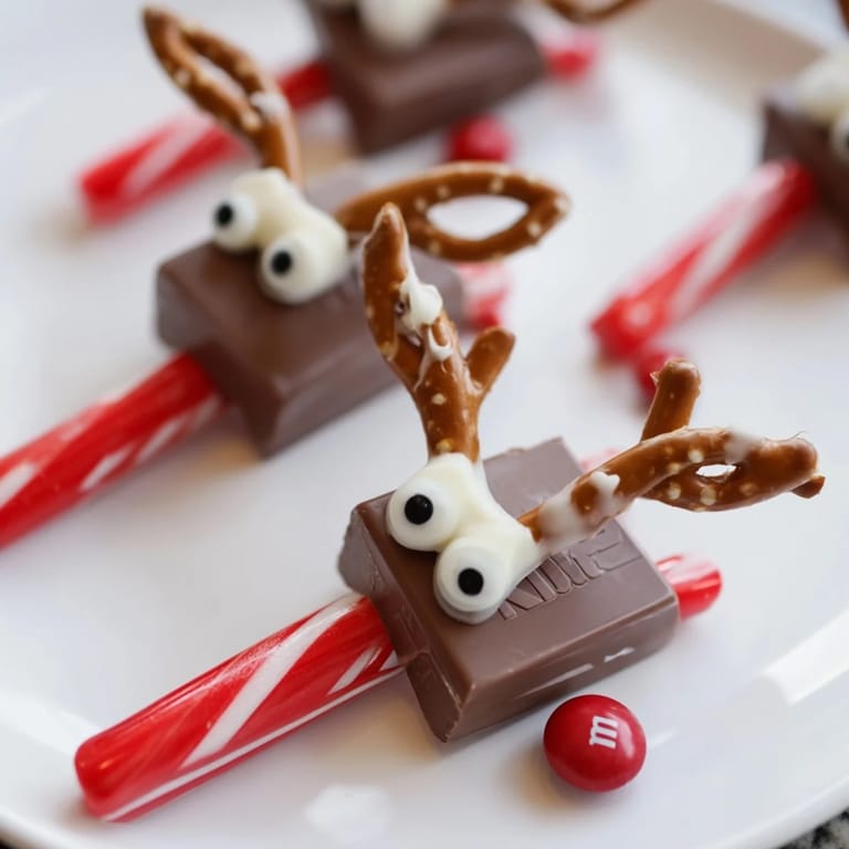 Sweet Rudolph Candy Cane Sleds feature mini candy canes supporting chocolate bars with pretzel antlers and candy eyes.