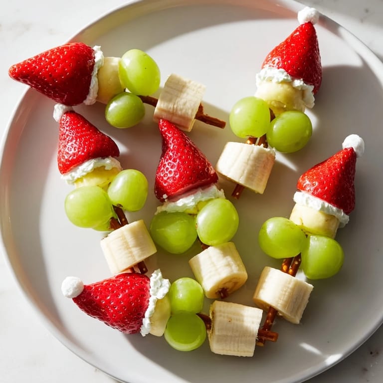 These colorful Elf Hat Strawberry Skewers are a quick and healthy snack; strawberries form cute hats.