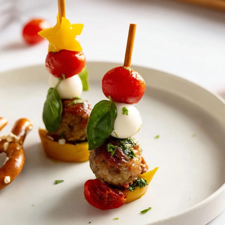 Warm, savory mini meatball Christmas trees with cherry tomatoes and mozzarella, a holiday delight.