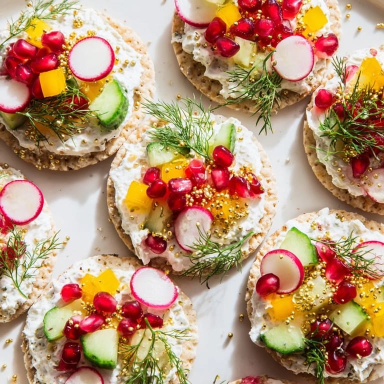 Vibrant arrangement of fresh holiday ornament-shaped cracker toppings, a creative and visually appealing party snack.